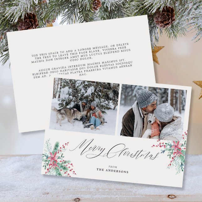Watercolor Winter Botanical Photo Merry Christmas Holiday Card (Mockup View)