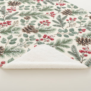 Watercolor Winter Botanical Pine and Berries Sherpa Blanket