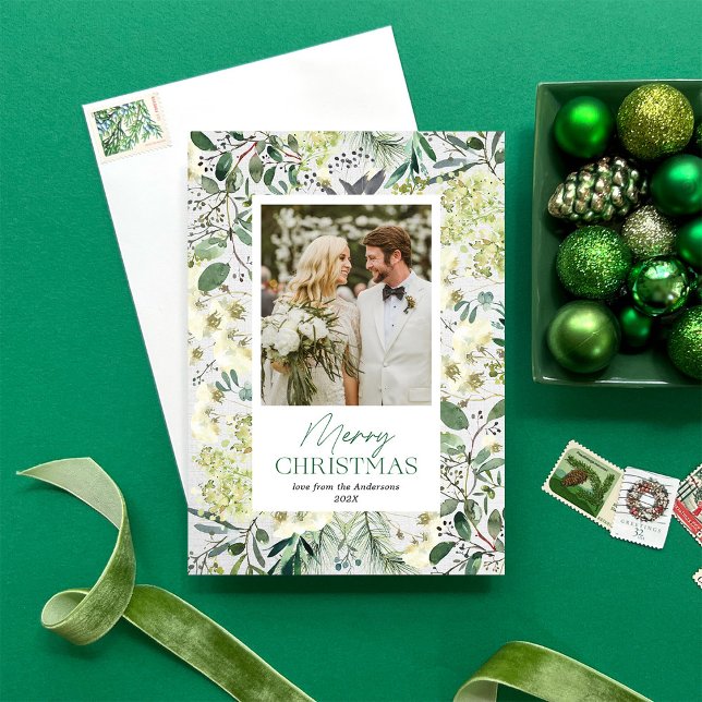 Watercolor Winter Botanicals 1 Photo Frame Holiday Card (Pretty watercolor winter botanical Christmas Card by Erika Firm)