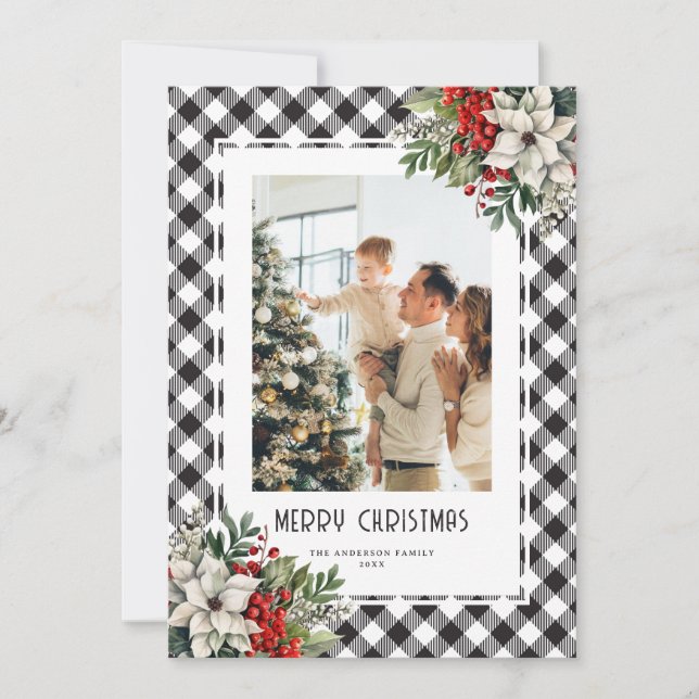 Watercolor Winter Botanicals Black Plaid Christmas Holiday Card (Front)