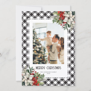 Watercolor Winter Botanicals Black Plaid Christmas Holiday Card