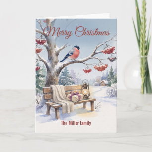 Watercolor Winter Bullfinch Woodland Christmas Card
