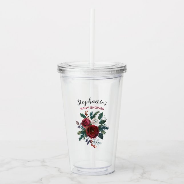 Watercolor Winter Burgundy Flowers Baby Shower Acrylic Tumbler (Front)