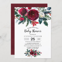 Watercolor Winter Burgundy Flowers Baby Shower
