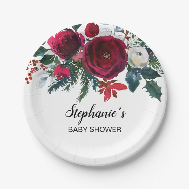 Watercolor Winter Burgundy Flowers Baby Shower Paper Plate (Front)