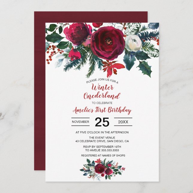 Watercolor Winter Burgundy Flowers First Birthday Invitation (Front/Back)
