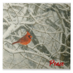 Watercolor Winter Cardinal Ceramic Tile
