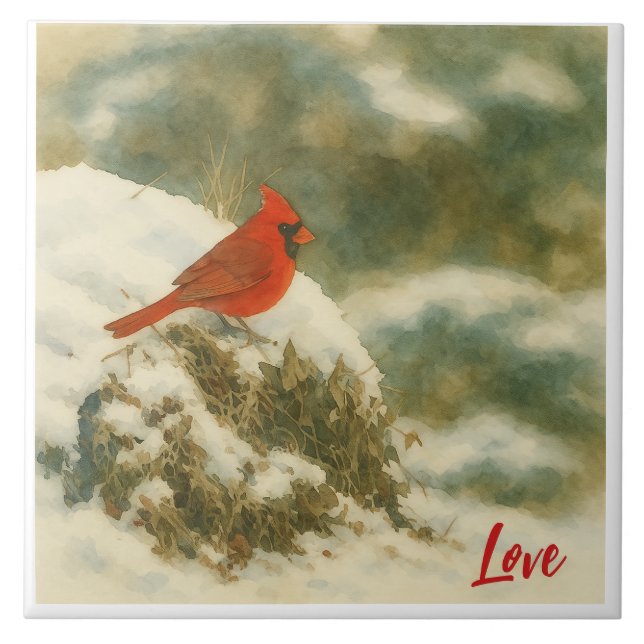 Watercolor Winter Cardinal Ceramic Tile (Front)