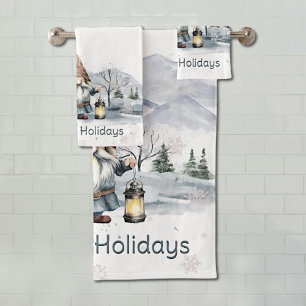 Watercolor Winter Christmas Gnome Bath Towel Set