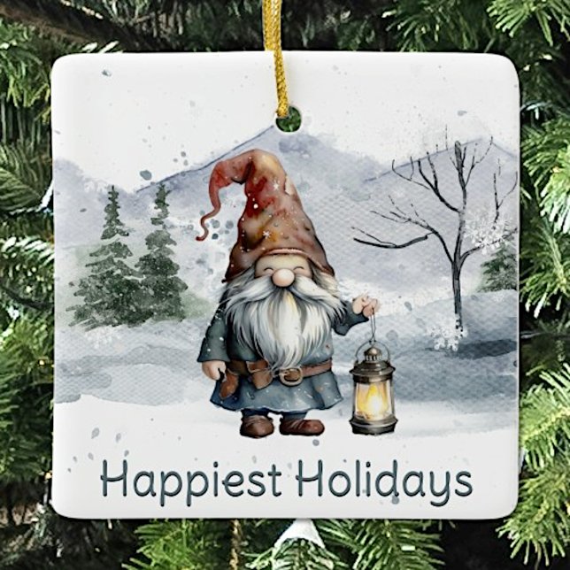 Watercolor Winter Christmas Gnome Ceramic Ornament (Watercolor Winter Christmas Gnome Ceramic Ornament)