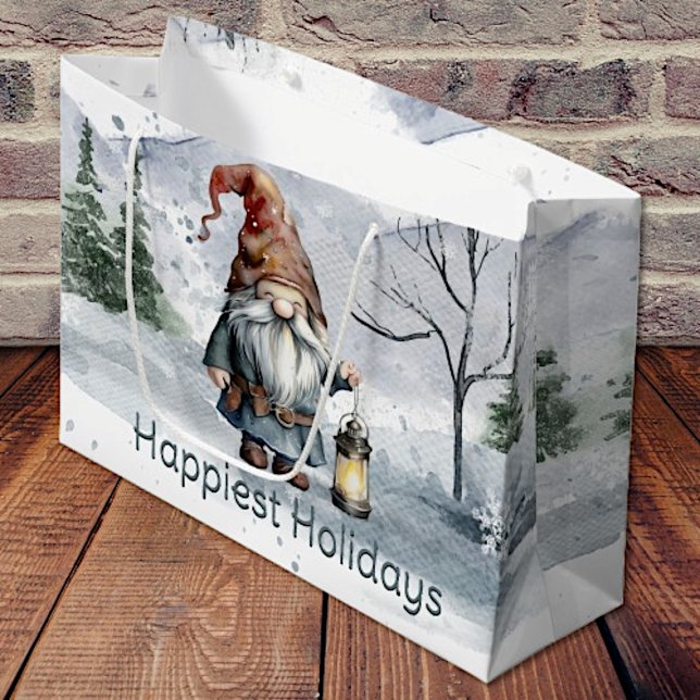 Watercolor Winter Christmas Gnome Large Gift Bag (Watercolor Winter Christmas Gnome Gift Bag)