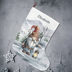 Watercolor Winter Christmas Gnome Personalised Large Christmas Stocking