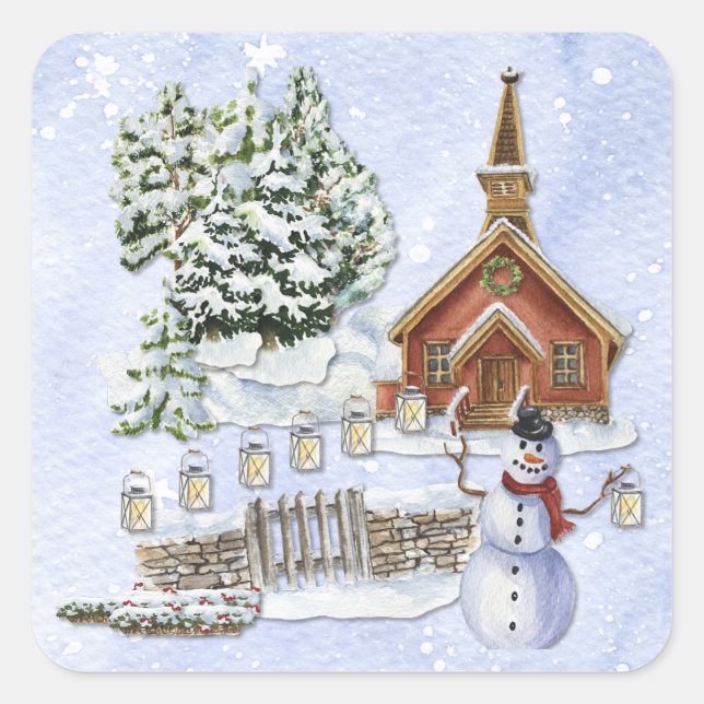 Watercolor Winter Church Square Sticker (Front)