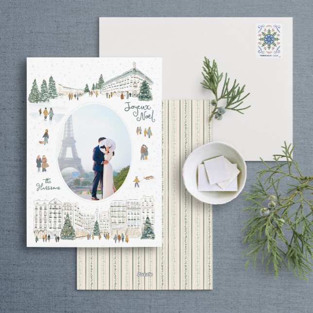 Watercolor Winter Cityscape Photo Christmas Holiday Card (Creator Uploaded)