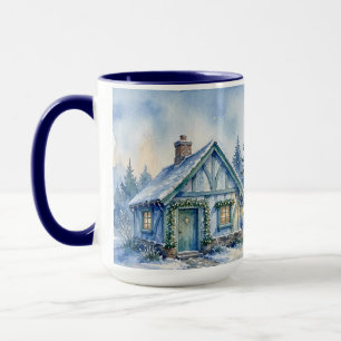 Watercolor Winter Cottage Blue Green Christmas  Mug