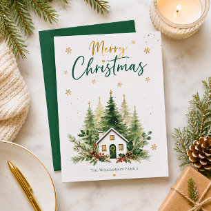 Watercolor Winter Cottage Christmas Card