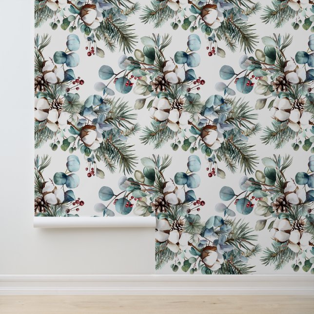 Watercolor Winter Cotton Pine Christmas  Wallpaper (Application)