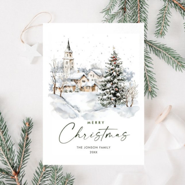 Watercolor Winter Country Christmas Tree Holiday Card (Creator Uploaded)
