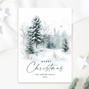 Watercolor Winter Country Landscape Christmas Holiday Card
