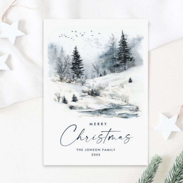 Watercolor Winter Country Landscape Christmas Holiday Card (Creator Uploaded)