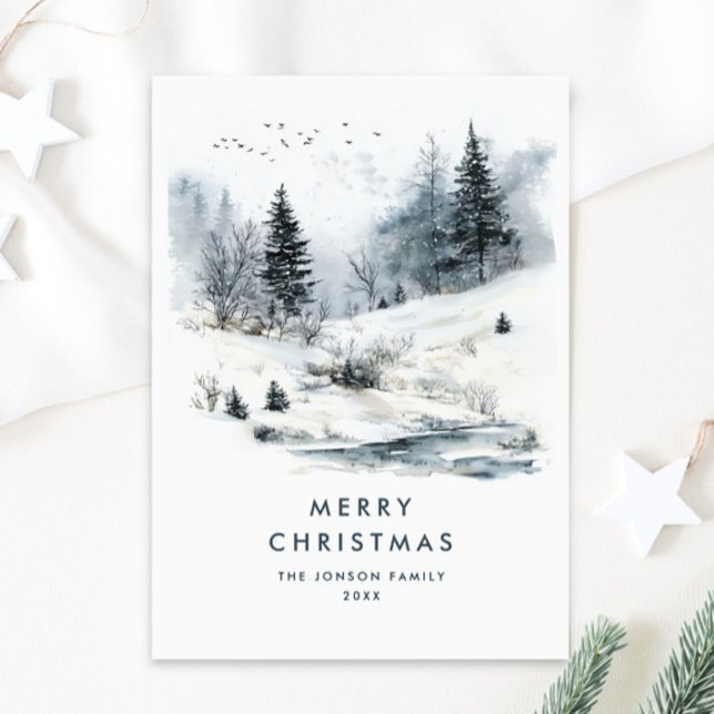 Watercolor Winter Country Landscape Christmas Holiday Card (Creator Uploaded)