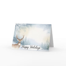 Watercolor Winter Deer Happy Holidays Card