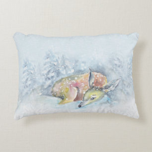 Watercolor Winter Deer in Snow Decorative Cushion