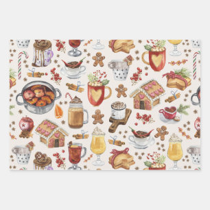 Watercolor Winter Drinks Pattern Tote Bag Wrapping Paper Sheet