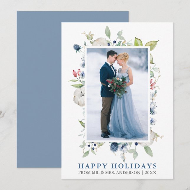 Watercolor Winter Floral Dusty Blue Newlywed Holiday Card (Front/Back)