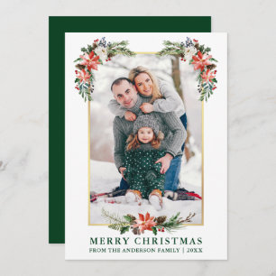 Watercolor Winter Floral Gold Frame Photo Green Holiday Card