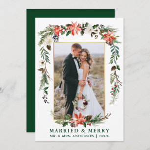 Watercolor Winter Floral Green Married and Merry Holiday Card