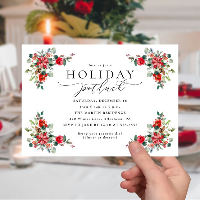 Watercolor Winter Floral Holiday Potluck  Invitation (Creator Uploaded)
