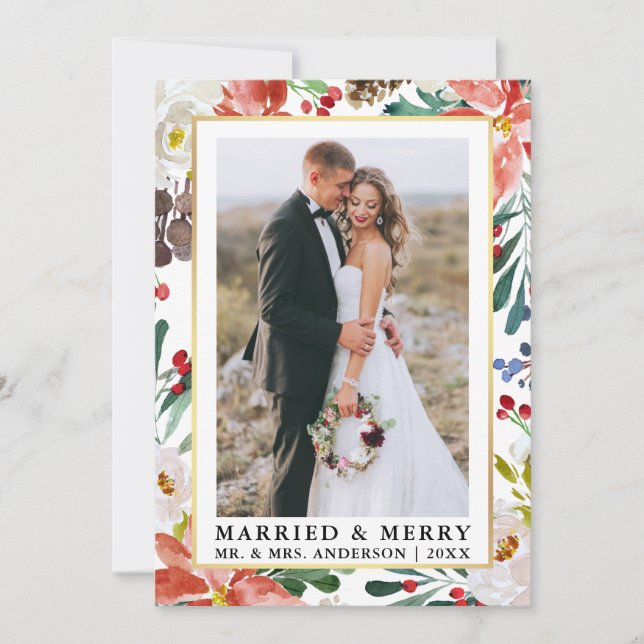 Watercolor Winter Floral Married and Merry Holiday Card (Front)