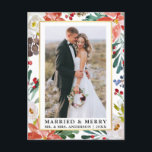 Watercolor Winter Floral Married and Merry Postcard<br><div class="desc">Elegant Watercolor Winter Floral Newlywed Photo Married & Merry Christmas Postcard  includes beautiful watercolor red poinsettias,  botanical greenery,  winter foliage,  holly berries,  and white roses. Gold Frame.</div>