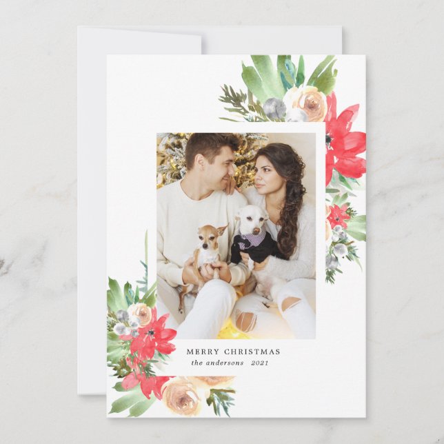 watercolor winter floral merry christmas photo holiday card (Front)