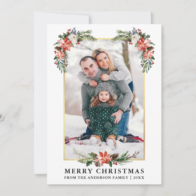 Watercolor Winter Floral Photo Gold Frame Holiday Card (Front)