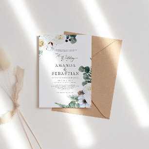Watercolor Winter Floral White Rose Wedding Party Invitation
