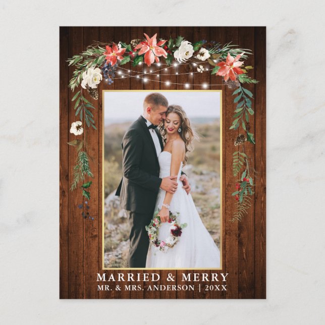 Watercolor Winter Floral Wood Gold Married Merry Postcard (Front)