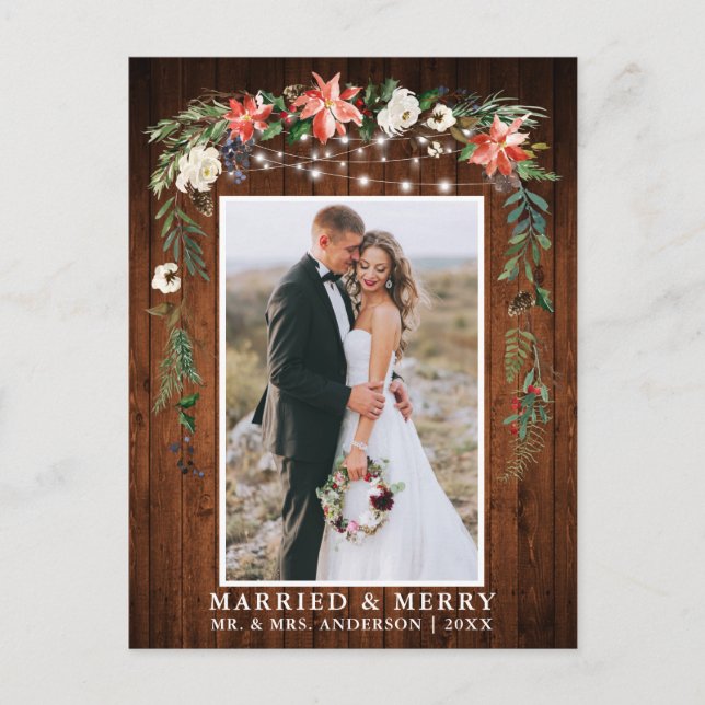 Watercolor Winter Floral Wood Married and Merry Postcard (Front)