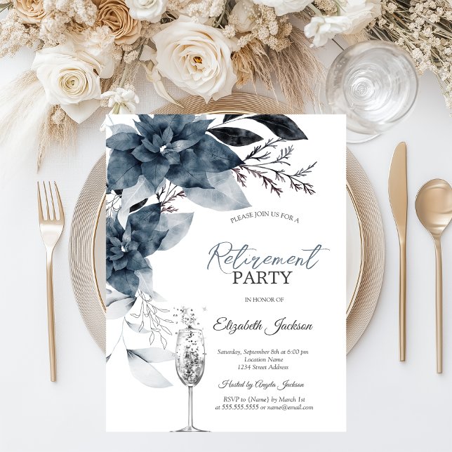 Watercolor Winter Flowers Champagne Retirement Invitation (Creator Uploaded)