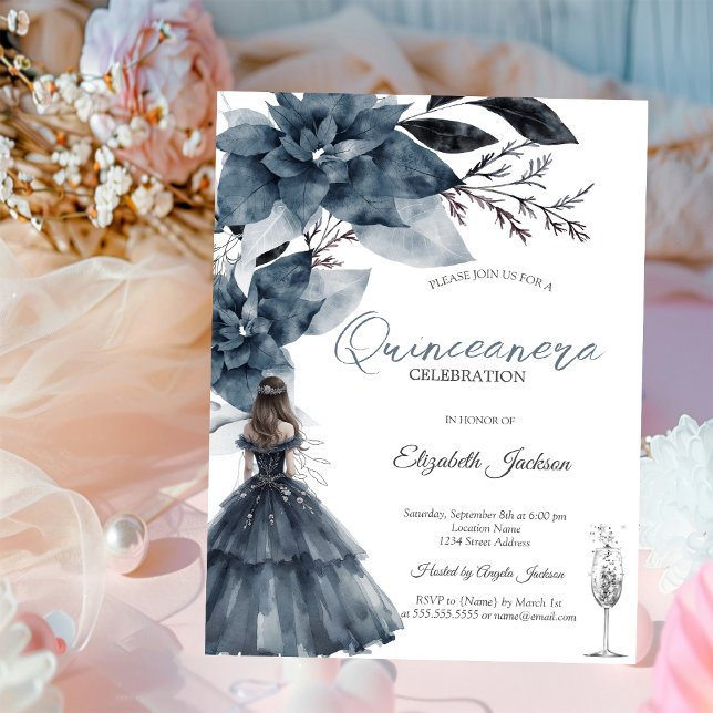 Watercolor Winter Flowers Glass Girl Quinceanera Invitation (Creator Uploaded)