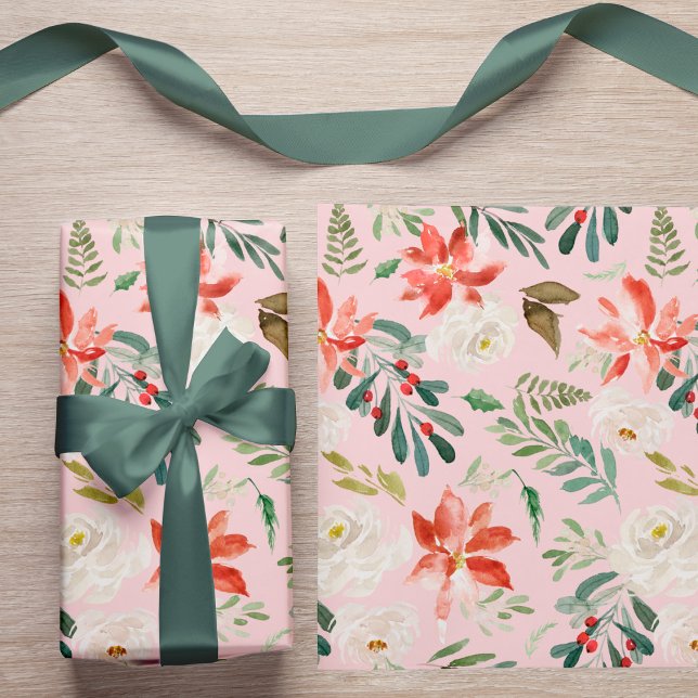 Watercolor Winter Flowers Holly Berries Patterned Wrapping Paper (The ribbon can be purchased separately - please see the collection)