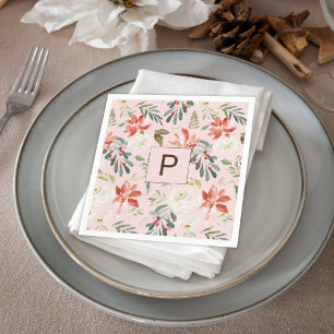 Watercolor Winter Flowers Holly Berry Monogrammed Napkin