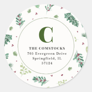 Watercolor Winter Foliage Christmas Return Address Classic Round Sticker
