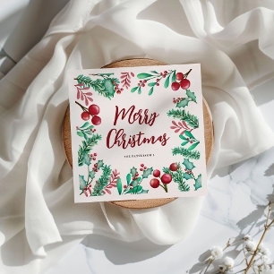 Watercolor Winter Foliage Merry Christmas Napkin