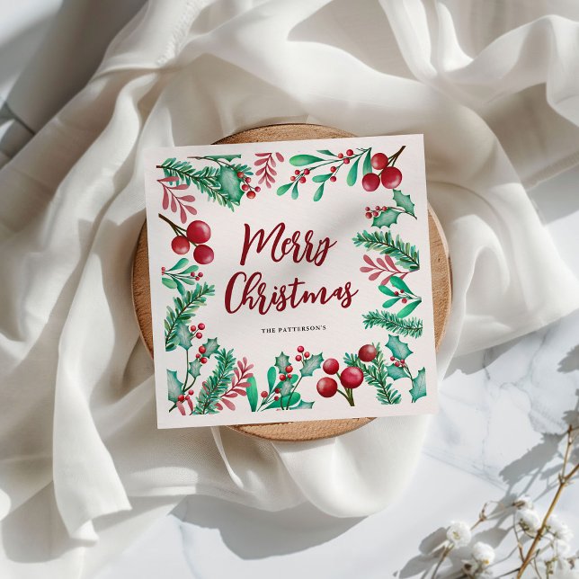Watercolor Winter Foliage Merry Christmas Napkin (Creator Uploaded)