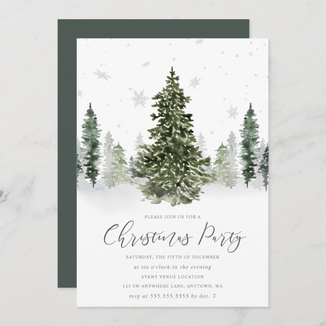 Watercolor Winter Forest Christmas Party Invitation (Front/Back)