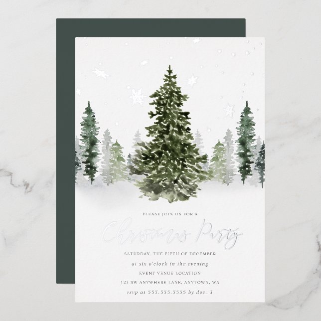 Watercolor Winter Forest Christmas Party Silver (Front/Back)