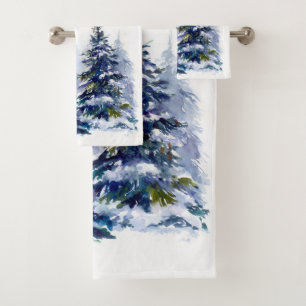 Watercolor winter forest Christmas tree modern ill Bath Towel Set