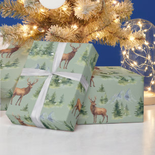 Watercolor Winter Forest - Deer and Snowy Trees - Wrapping Paper